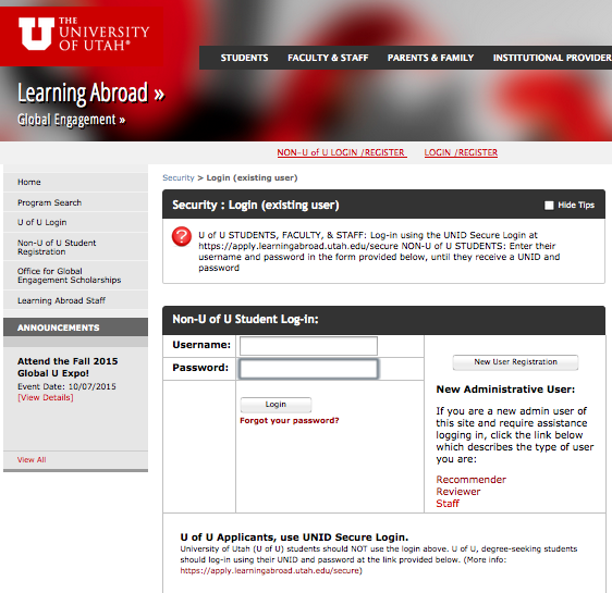 University of Utah Non-Degree-Seeking Student Page